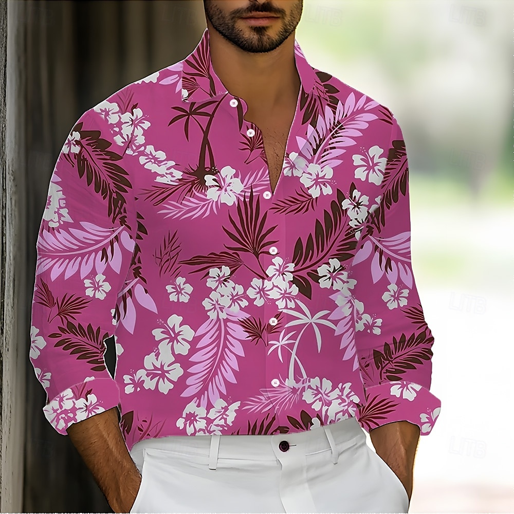Pánské Tropické květiny Palmový list Košile Havajská košile Košile na knoflíky Dlouhý rukáv Havajské Dovolená Streetwear Léto Jaro Přehnutý 3D tisk košile s límečkem Vodní modrá Trávová zelená Světle 2025 - $25.99 –P5