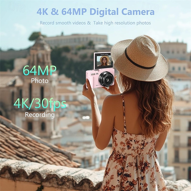 Цифровая камера 4K для фотосъемки, 64-мегапиксельная камера для видеоблогов на YouTube с поворотным экраном на 180 градусов, 18-кратным цифровым зумом, компактная камера с картой памяти micro SD на 32 2025 - $86.99 –P2