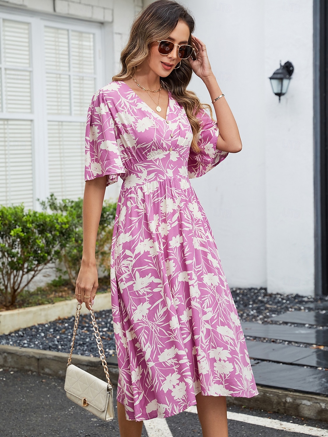 Damen Midikleid A Linie Kleid Urlaub Boho Strand Trompetenärmel Party Ausgehen Strand Lässiger Schnitt Blumen Grafik Kurzarm V Ausschnitt Violett Sommer Frühling 2025 - $28.99 –P3