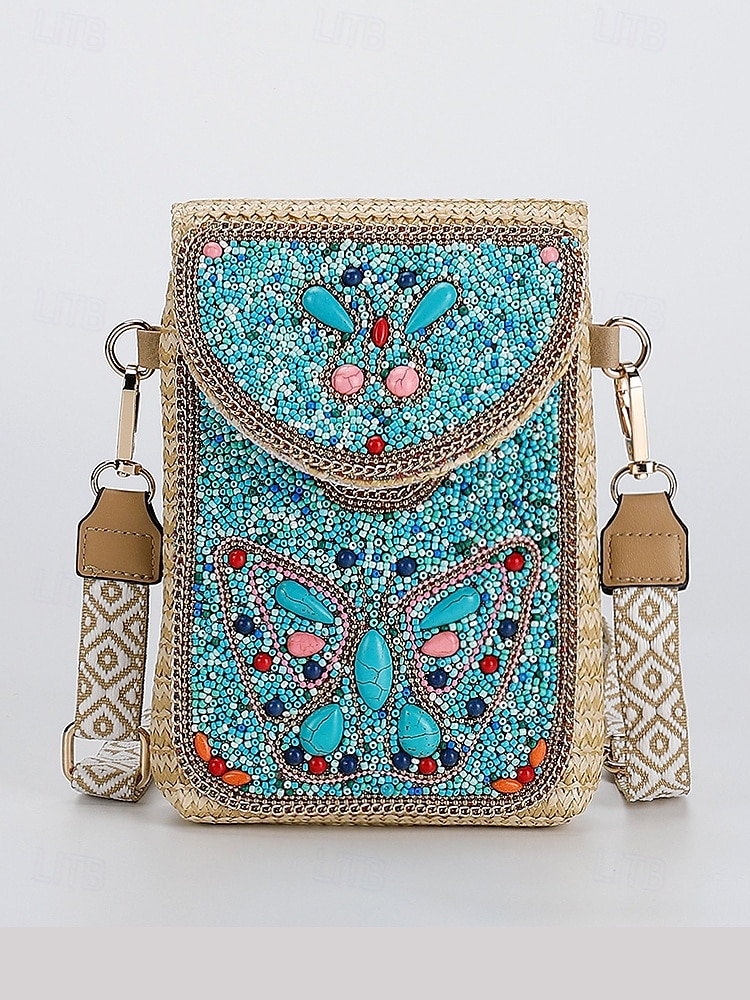 Borsa a tracolla con perline da donna con design a farfalla colorata, stile bohémien, borsa a tracolla casual e da viaggio per donna, perfetta per spiaggia, vacanze e gite estive del 2025 a $18.99 –P3