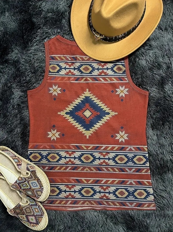 Femmes Débardeur caraco Graphique Géométrique Abstrait Bohème ancien Élégant Sans manches Col en V Hauts Réguliers Quotidien Imprimé Rouge Marron clair Vert Été Printemps de 2025 ? $17.99 –P2