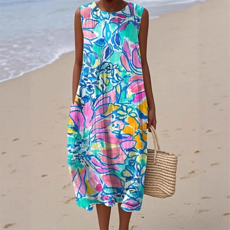 Femmes Robe Midi Robe Décontractée Robe d'été Mode Moderne Quotidien Plage Week-end Coupe régulière Fleur Sans manches Col ras du cou Bleu Été Printemps de 2025 ? $22.99 –P1