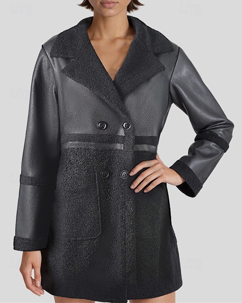 Damen Kunstlederjacke Winterjacke Warm Bequem Tasche Knöpfe Mode Modern Lässig Einfach Ausgehen Wochenende Einreihig Regulär Steigendes Revers Normale Passform Langarm Oberbekleidung Schwarz Winter 2025 - $33.99 –P2