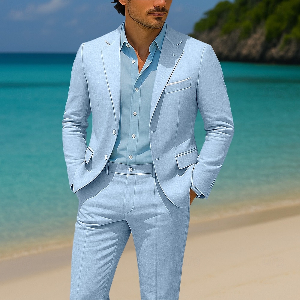 Uomo Casuale Matrimonio in Spiaggia Completi Bavero classico Azzurro chiaro Formale Tinta unita Vestibilità standard 2 pezzi Monopetto Due Bottoni del 2025 a $136.99 –P1