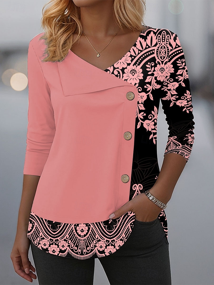 Damen T Shirt Grafik Stammes Elegant Mode Lässig Langarm Rundhalsausschnitt V Ausschnitt Normale Oberteile Täglich Patchwork Knöpfe Druck Schwarz Rosa Blau Purpur Grün Frühling Herbst Winter 2025 - $24.99 –P2