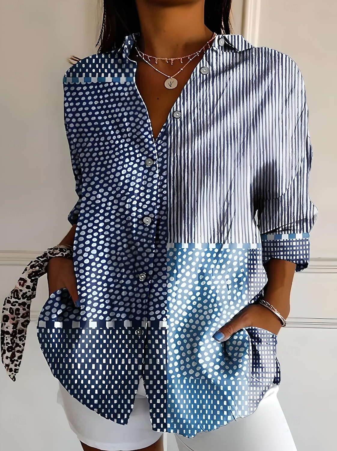 Femmes Chemise Graphique Géométrique Rayé ancien Tropical Quotidien manche longue Col de chemise Hauts Réguliers Travail Quotidien Fête Boutons Imprimé Blanche Jaune Rouge Bleu Orange Été Printemps de 2025 ? $32.99 –P6