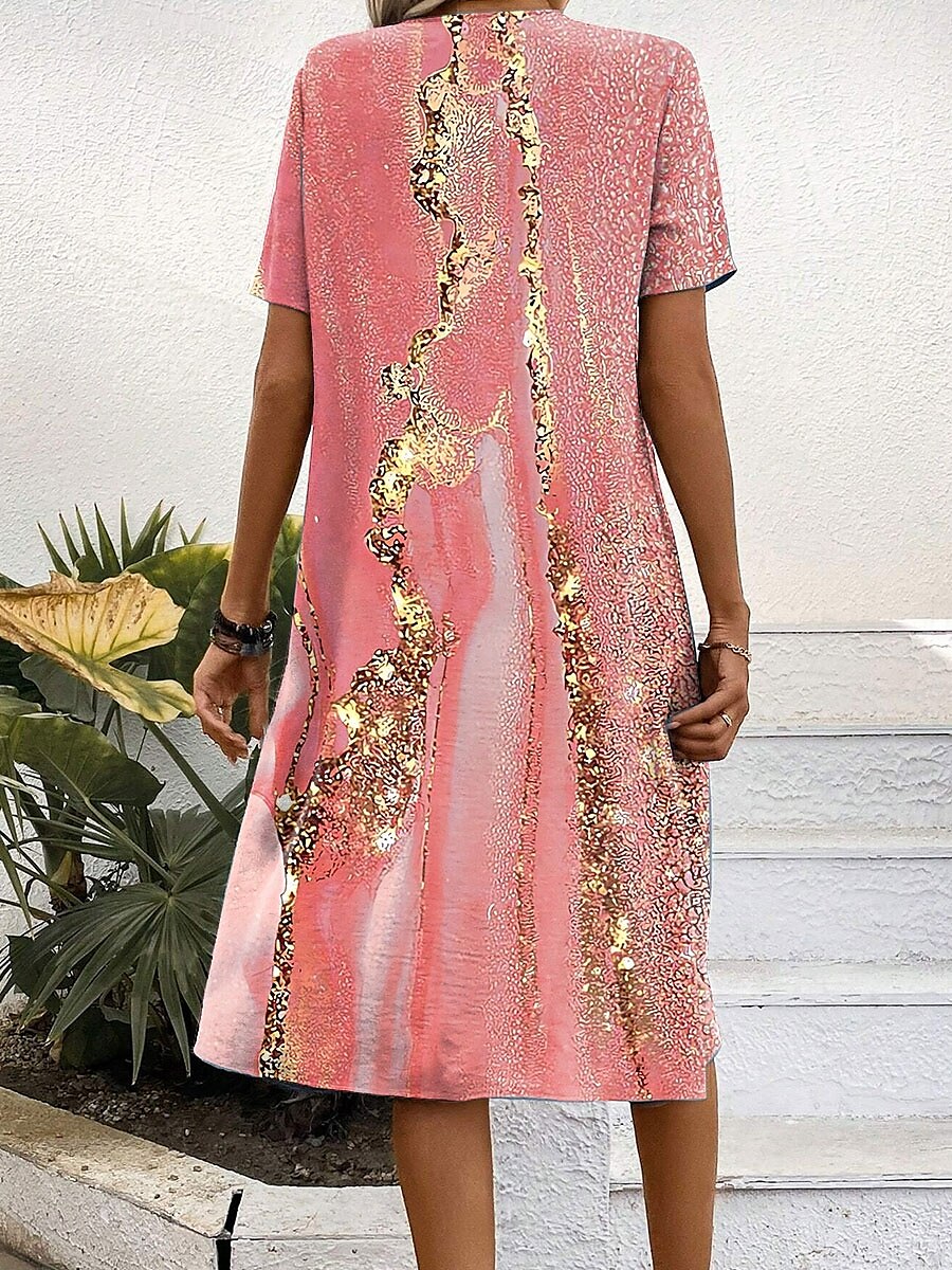 Damen Midikleid Shiftkleid A Linie Kleid Sommerkleid Elegant Urlaub Lässig Normale Passform Grafik Marmor Kurzarm Rundhalsausschnitt Rosa Blau Grün Sommer Frühling 2025 - $30.99 –P2
