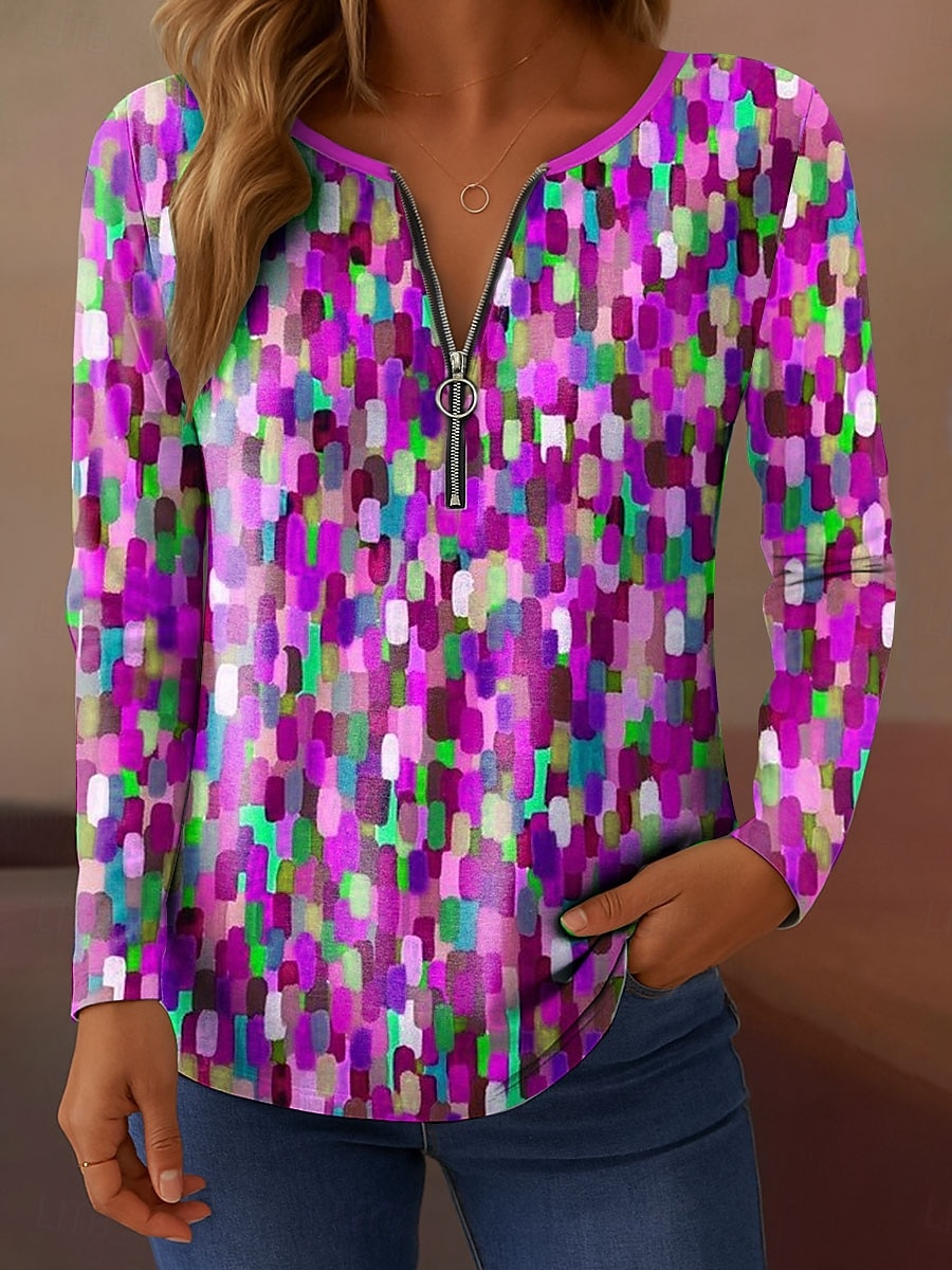 Femmes T-shirt A Ombre Graphique Abstrait Élégant ancien Classique manche longue Col en V Hauts Réguliers Quotidien Week-end Fermeture éclair Imprimé Rose Claire Bleu Orange Vert Printemps Automne de 2025 ? $23.99 –P3