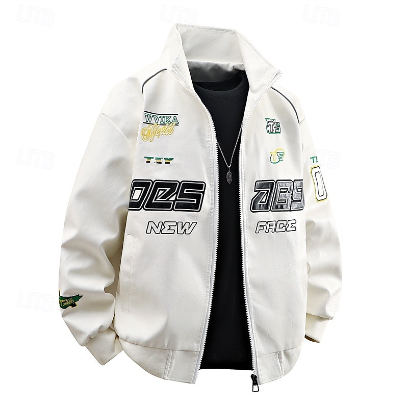 Homme Veste en Similicuir Veste moto Blouson de Moto Vacances Quotidien Coupe-vent Chaud Avec Poches Automne Hiver Lettre Mode Classique Revers Régulier Noir Blanche Rouge Veste de 2025 ? $58.99 –P3