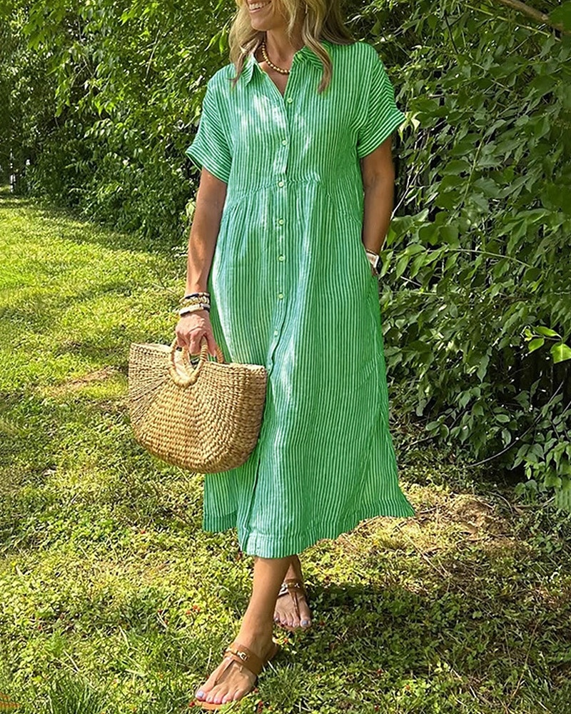 Femmes Robe Longue Maxi Robe Robe Chemise Robe Décontractée Mode Extérieur Soirée Fête Coupe régulière Rayé Manche Courte Col de chemise Noir Blanche Jaune Rose Claire Été de 2025 ? $38.99 –P6