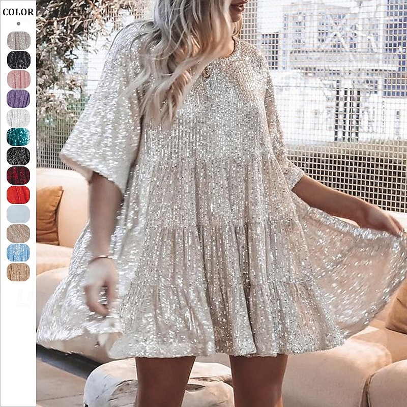 Per donna Mini Abito Abito con Paillettes Abito da Cocktail Moda Moderno Festa serale Cocktail party Vestibilità regolare Semplice Manica Corta Girocollo Argento Grigio nero Nero Bianco Estate del 2025 a $27.99 –P1