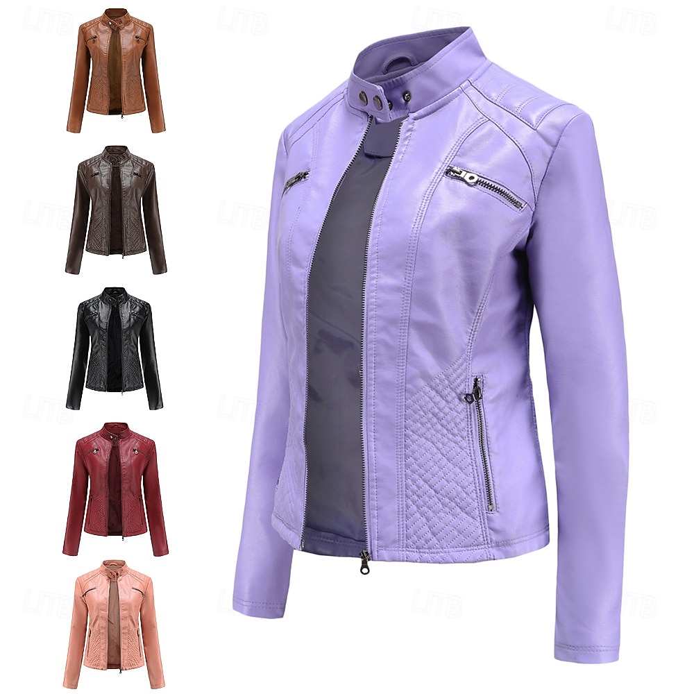 Per donna Giacca in Ecopelle Confortevole Tasca Cerniera completa Moda Stile da Strada Semplice All'aperto Casual Quotidiano Regolare Collo alla coreana Vestibilità regolare Manica Lunga Capispalla del 2025 a $48.99 –P1