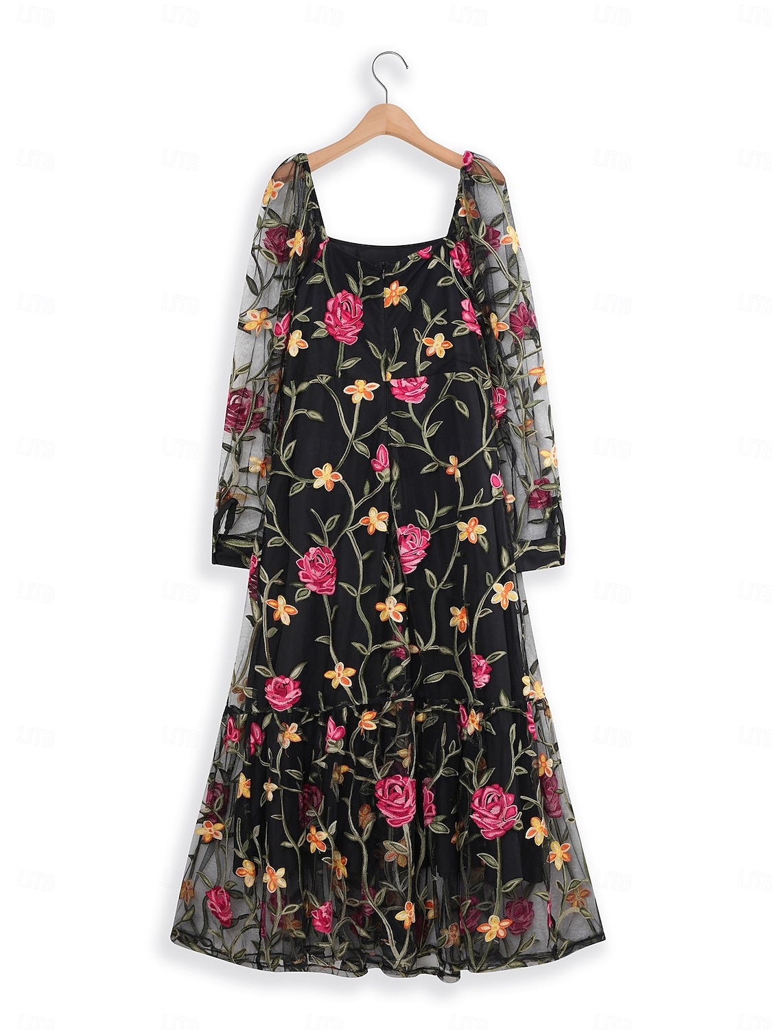 A-Linie Brautmutterkleid Elegant Schwarzes Kleid Durchsichtig Quadrathals Knöchellänge Tüll Langarm mit Rüschen Stickerei 2025 2025 - $119.99 –P8