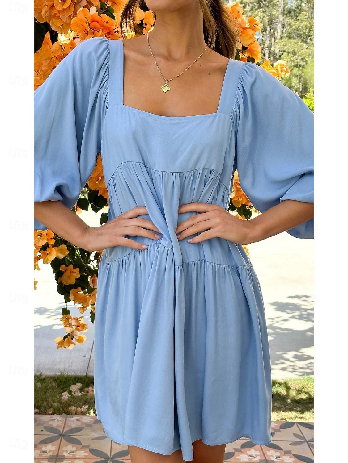 Damen Minikleid Sommerkleid Figurbetontes Kleid Rückenfreies Kleid Urlaub Party Geburtstag Laternenärmel Party Täglich Ferien Lässiger Schnitt Einfach Dreiviertelarm Quadrathals Hellblau Orange 2025 - $28.99 –P6