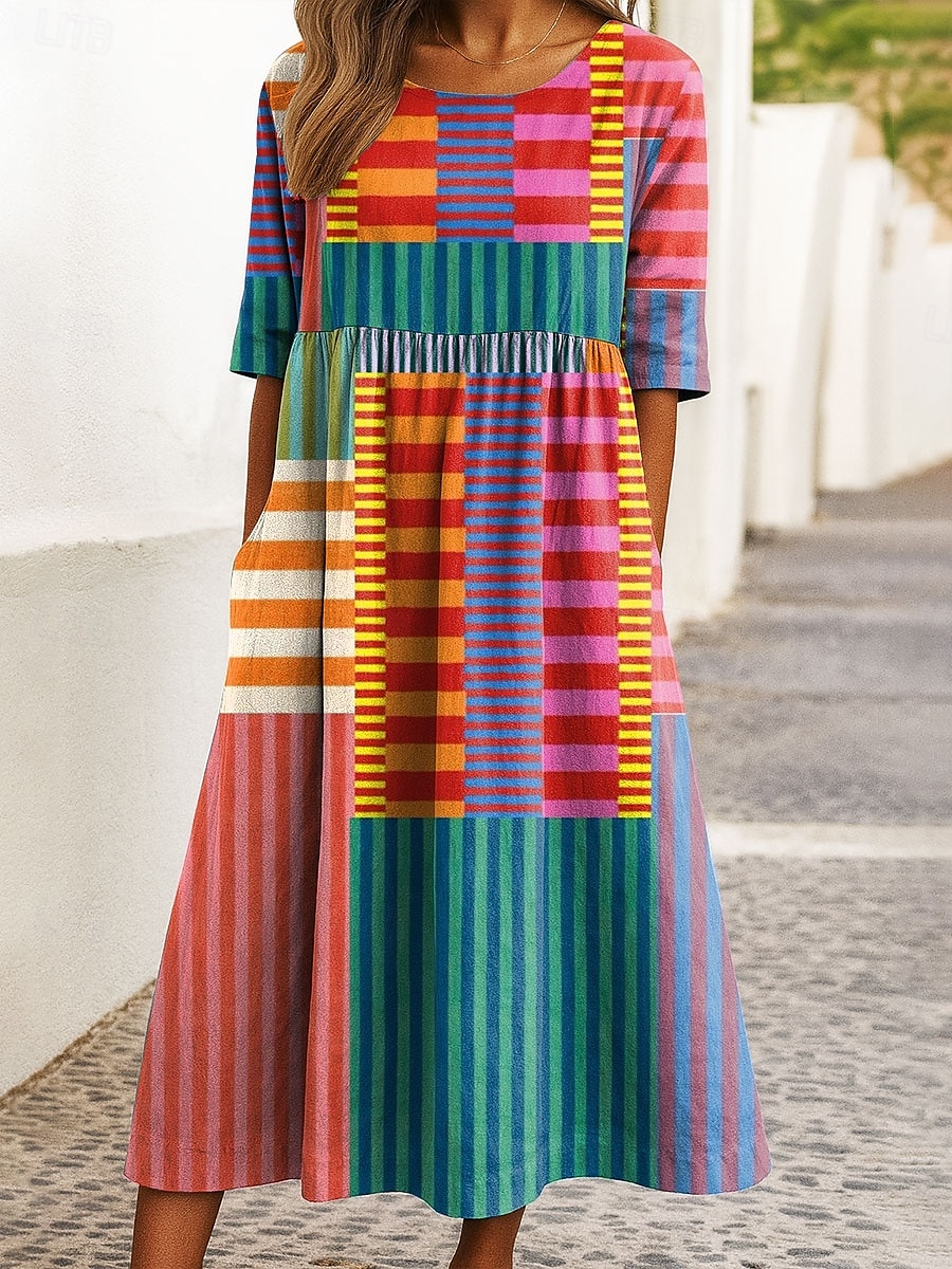 Damen Midikleid A Linie Kleid Sommerkleid Urlaub Lässig Ferien Normale Passform Grafik Geometrisch Halbarm Rundhalsausschnitt Rosa Rote Blau Grün Sommer Frühling Herbst 2025 - $31.99 –P1