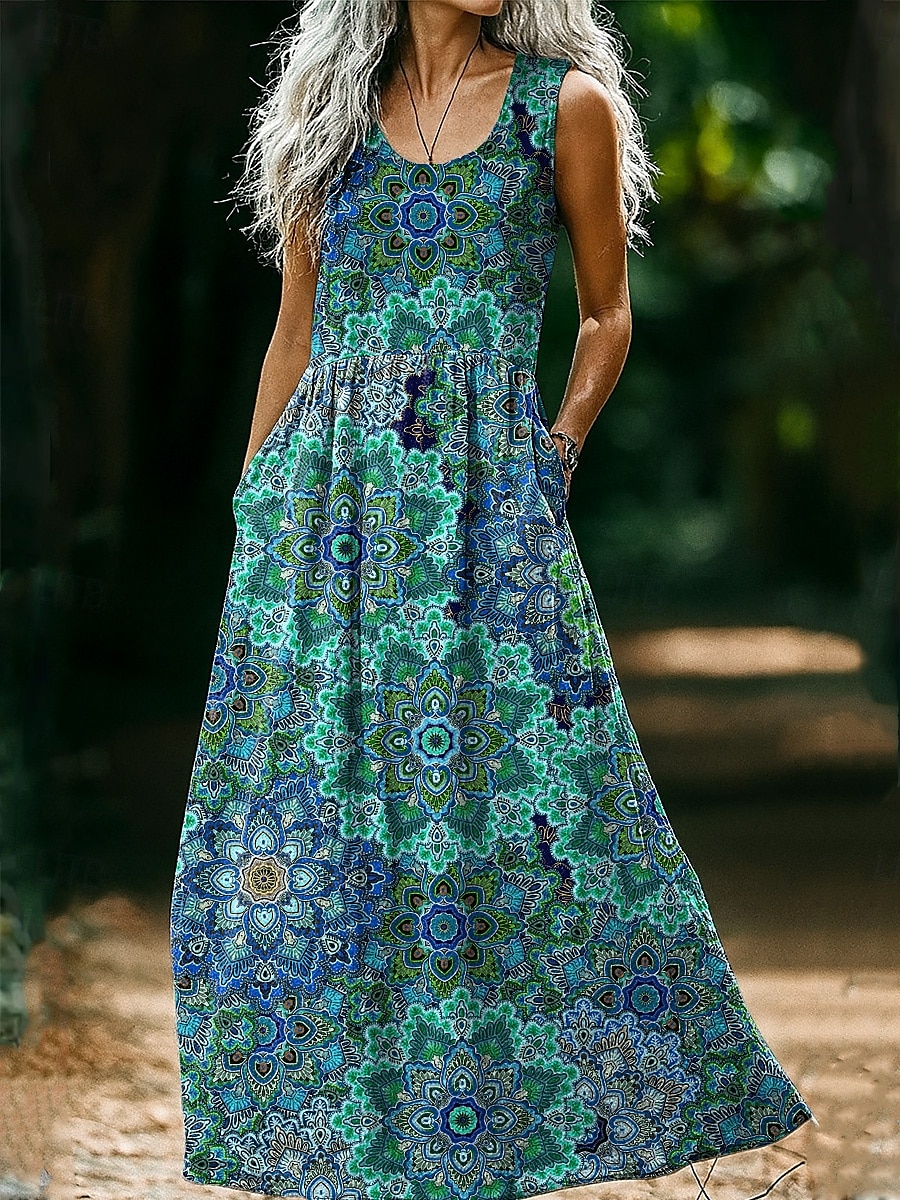 Abito vintage da donna in stile boho con stampa floreale, casual, per uscire in spiaggia, vestibilità regolare, senza maniche, scollo a U, rosa vinaccia, marrone chiaro, blu, estate e primavera. del 2025 a $35.99 –P4