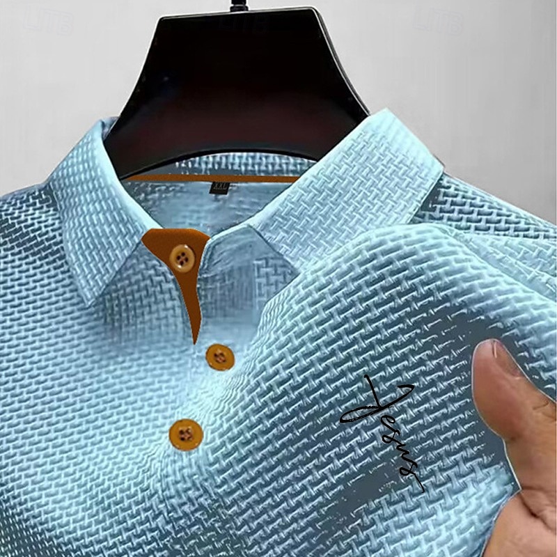 2025年 男性用 ゴルフシャツ ゴルフポロシャツ ワーク カジュアル ラペル 半袖 ベーシック 近代の 十字架 ボタン ジャカード 夏 春 レギュラー ブラック ホワイト ネイビーブルー ブルー ダックグレー ライトブルー ゴルフシャツ  コレクション – $20.99 –P5