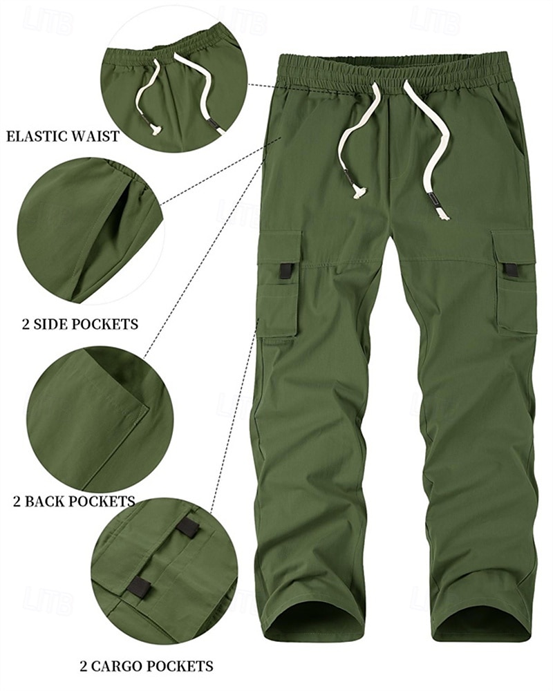 Homens Calças Cargo Calças Cintura elástica Com Cordão Bolso multi Tecido Vestível Ao ar livre Diário Acampar e Caminhar Moda Clássico Preto Verde de 2025 por $24.99 –P3