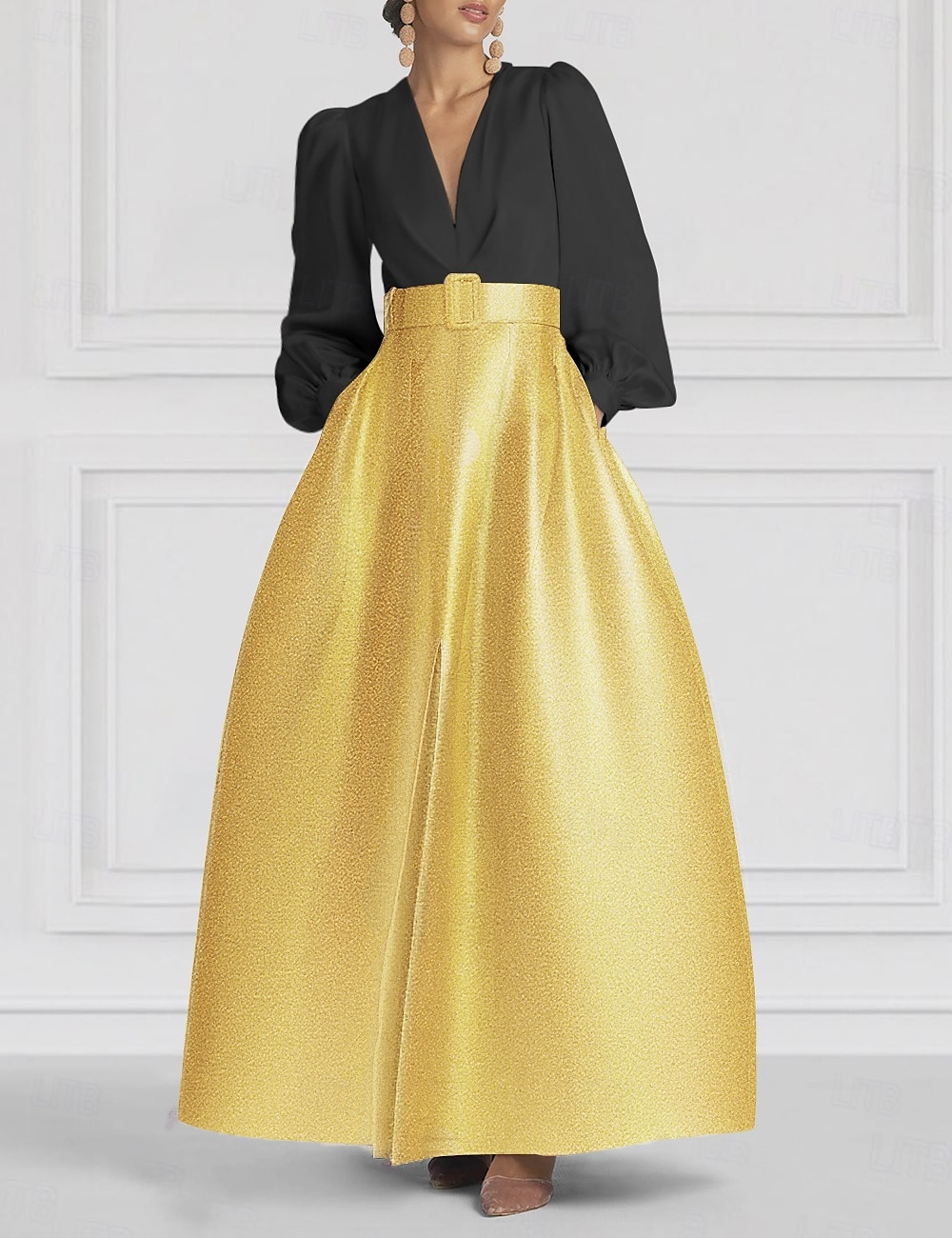 Abito da Sera A-Line Nera e Oro con Cravatta Nera Gonna Jacquard Brillante con Cintura Formale Matrimonio Lunghezza a Terra Manica Lunga Collo a V Seta con Tasca e Fessura del 2025 a $157.99 –P1