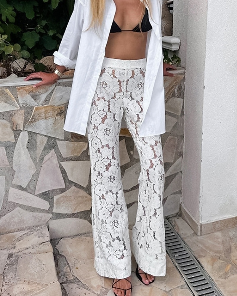 Per donna Gamba larga Pantaloni a zampa Pantaloni Eleganti Streetwear Casual Lunghezza intera Naturale Semplice Pizzo Elastico in vita Morbido Ferie Abbigliamento quotidiano Weekend Bianco Autunno del 2026 a $29.99 –P1