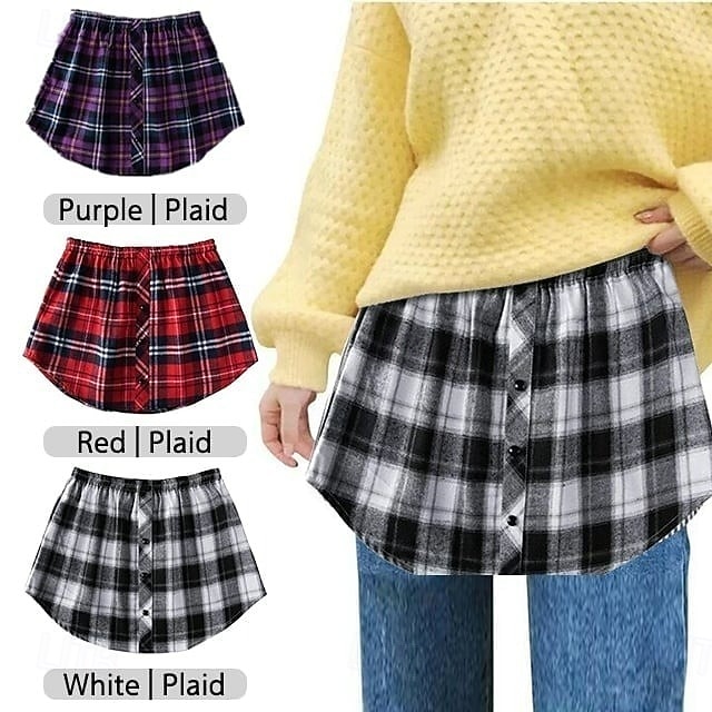extensor de camisa versátil em camadas saia com bainha falsa para mulheres xadrez meia saia cobertura inferior para moletons blusas com capuz look casual chique de 2025 por $14.49 –P4