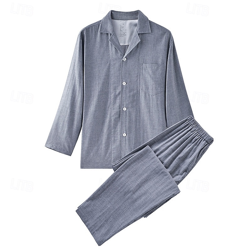 Homme Vêtements de Nuit Ensemble Pyjama Haut de pyjama et pantalon 1 ensemble Uni Mode Élégant Classique Maison Quotidien Lit Coton Confort Doux Respirant Revers manche longue Chemise Pantalon Taille de 2025 ? $43.99 –P1