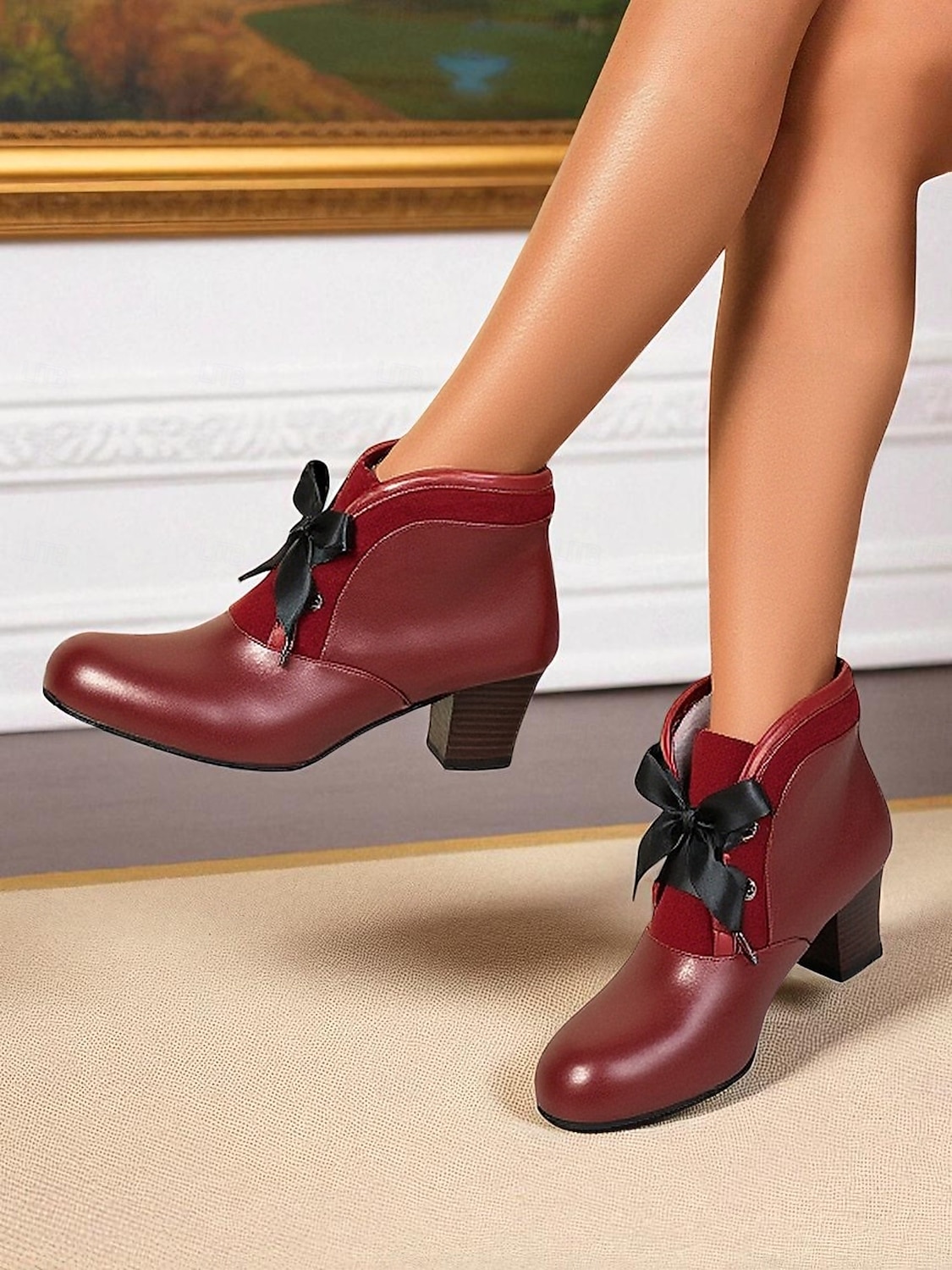 Bottines bordeaux d'inspiration victorienne des années 1900 pour femmes – bottines à talons à lacets en similicuir avec nœud en ruban pour un usage quotidien et des tenues vintage de 2025 ? $54.99 –P2