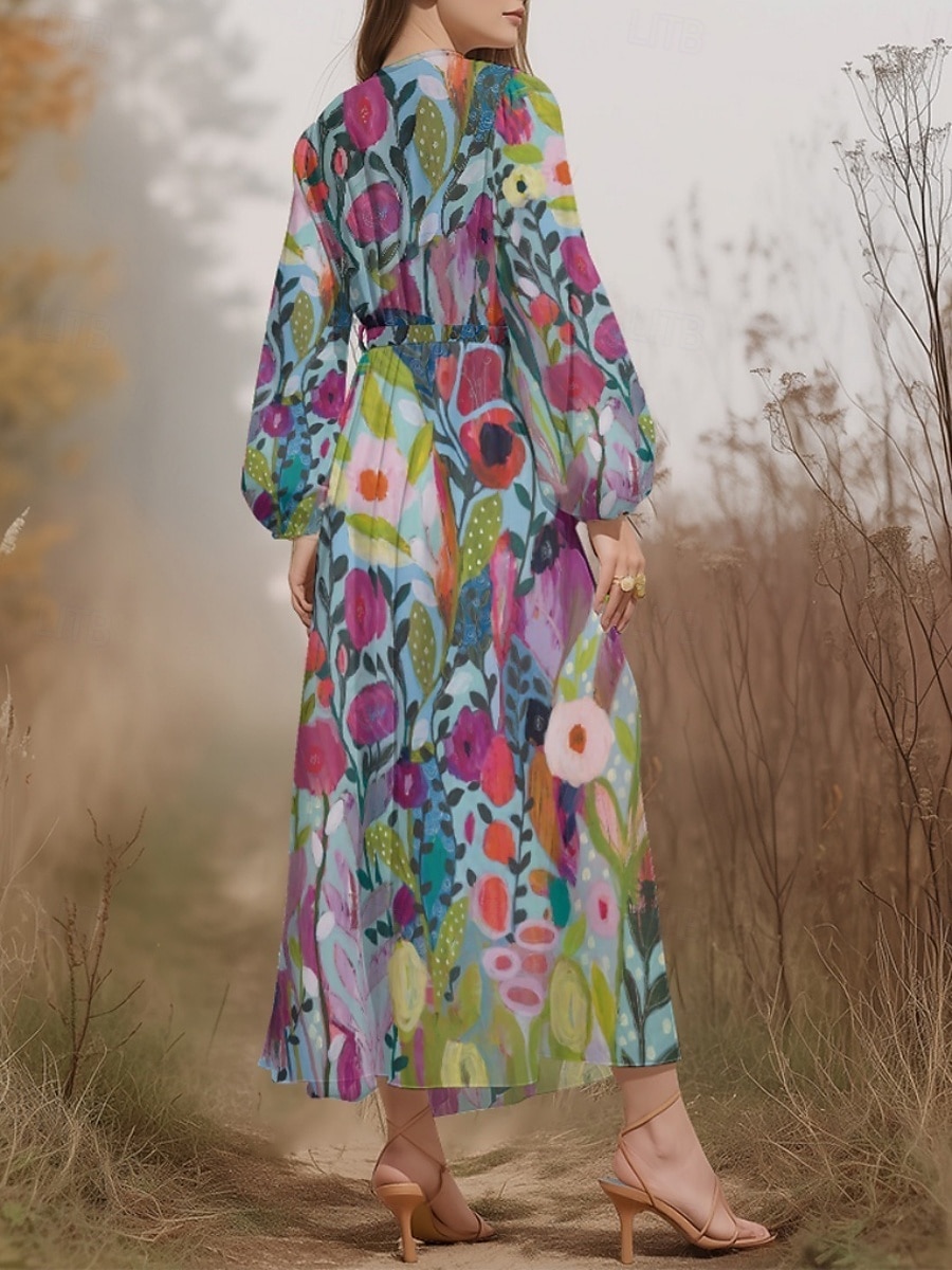 Női Midi ruha hétköznapi ruha Sifon Swing ruha Modern Vakáció Napi Hétvége Normál Virágos Hosszú ujj V-alakú Medence Sötétzöld Bíbor Lóhere Nyár Tavasz Ősz 2025 - $31.99 –P9