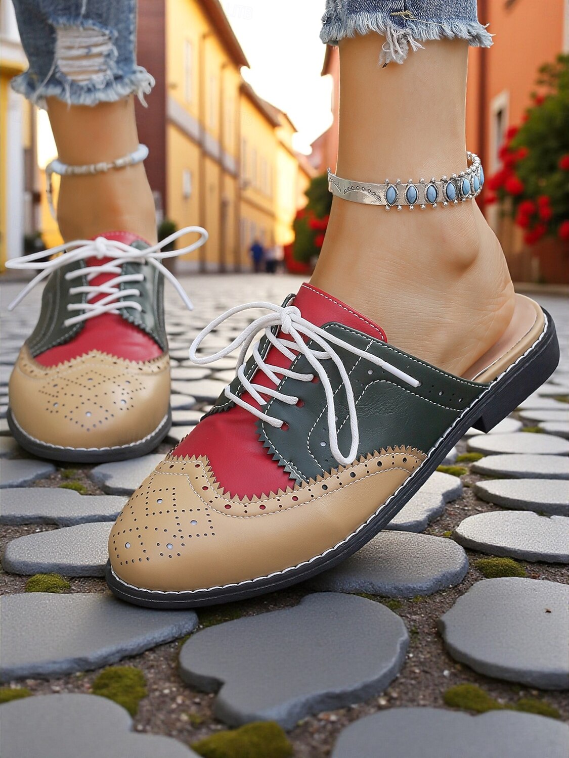 Women's 1950s Vintage Colorblock Wingtip Mule Oxford Shoes - Yellow Blue Slip-On Lace-Up Flats for Casual Street Style, Outings and Weekend Travel 2026 - $29.99 –P1