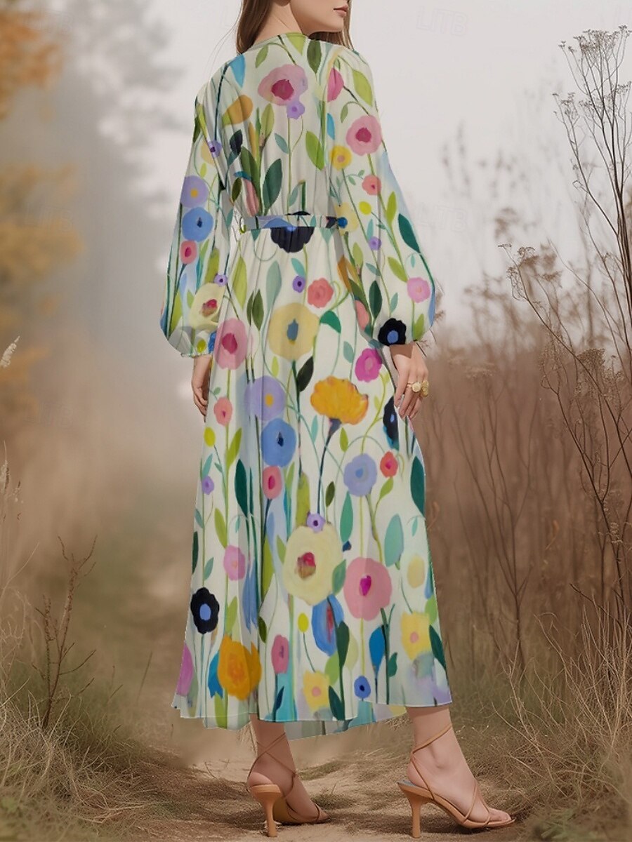 Damen Midikleid Freizeitkleid Chiffon Schwingkleid Modern Urlaub Täglich Wochenende Normale Passform Blumen Langarm V Ausschnitt Hellgrün Marineblau Dunkelgrün Grün Sommer Frühling Herbst 2025 - $31.99 –P12