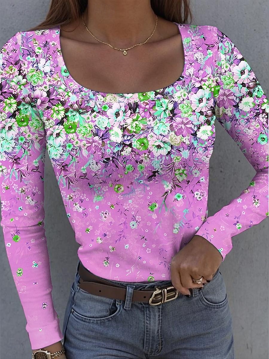 Maglietta da donna in cotone a coste con grafica collo quadrato a maniche lunghe casual floreale vintage top regolari per uso quotidiano stampa gialla rosa blu viola verde primavera autunno del 2026 a $26.99 –P3