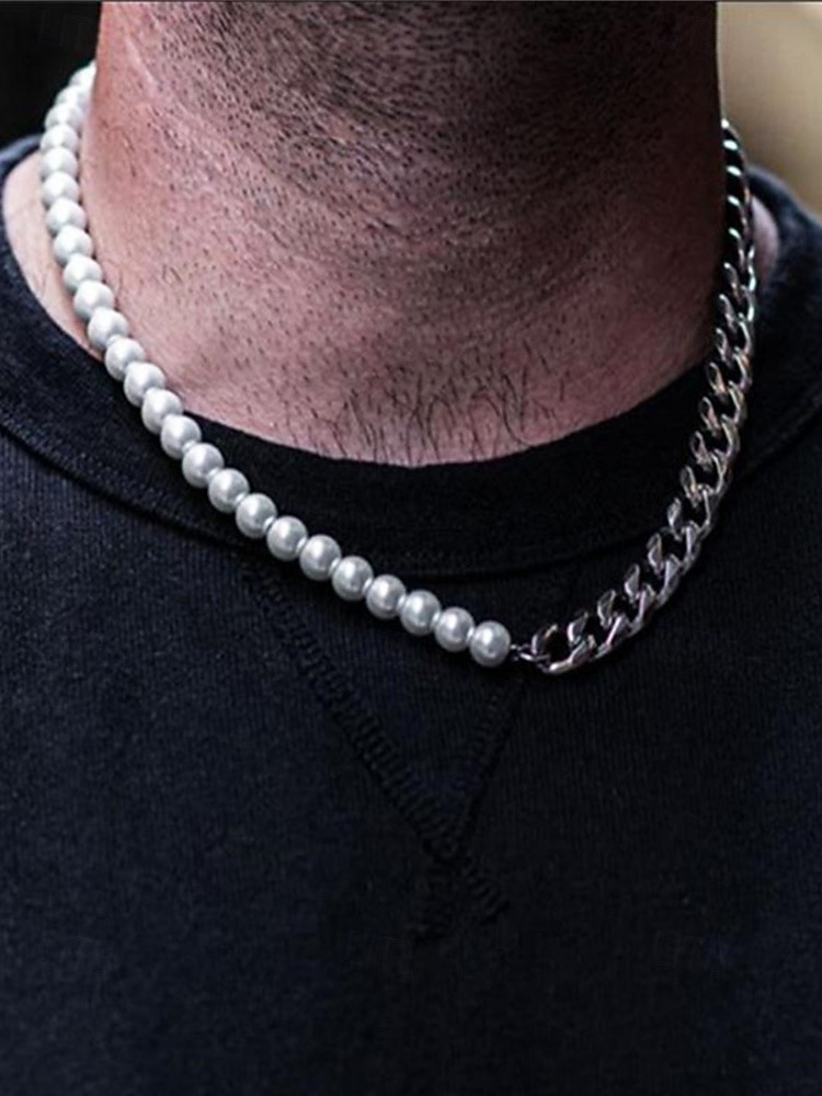 męski zestaw biżuterii z pereł i łańcuszków – modny naszyjnik i bransoletka z pół perły, pół metalu na styl uliczny, hip-hopowy i imprezowy 2026 - $9.99 –P4