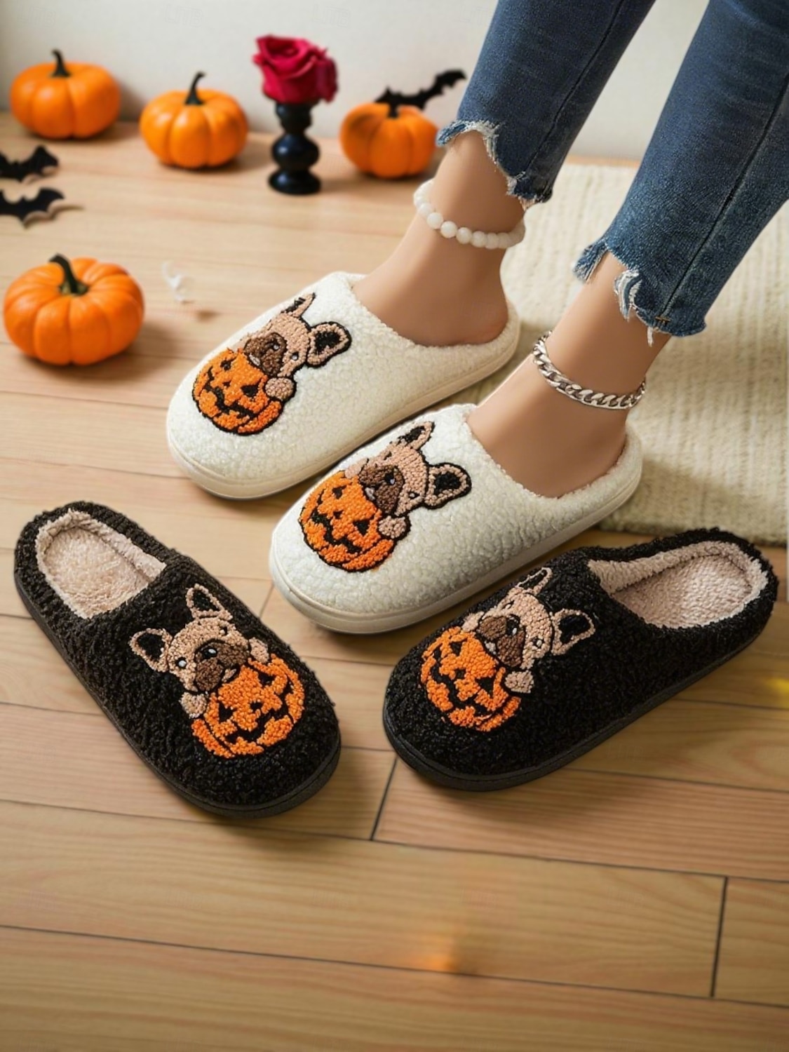 damskie kapcie polarowe na Halloween z motywem buldoga francuskiego i dyni - wygodne pluszowe kapcie domowe dla kobiet i nastolatek, idealne na jesień, jako prezent świąteczny i do wygodnego 2025 - $14.99 –P2