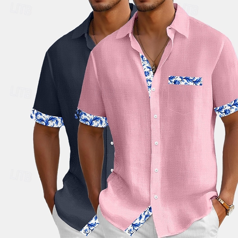 Hombre Camisa Camisa de lino Camisa de verano Camisa de playa Abotonar la camisa Flores Vacaciones Festivos Blanco + Rosa Blanco+Azul Marino Rosa + Azul Marino Azul+Azul Marino Manga Corta Cuello 2025 - $27.99 –P7