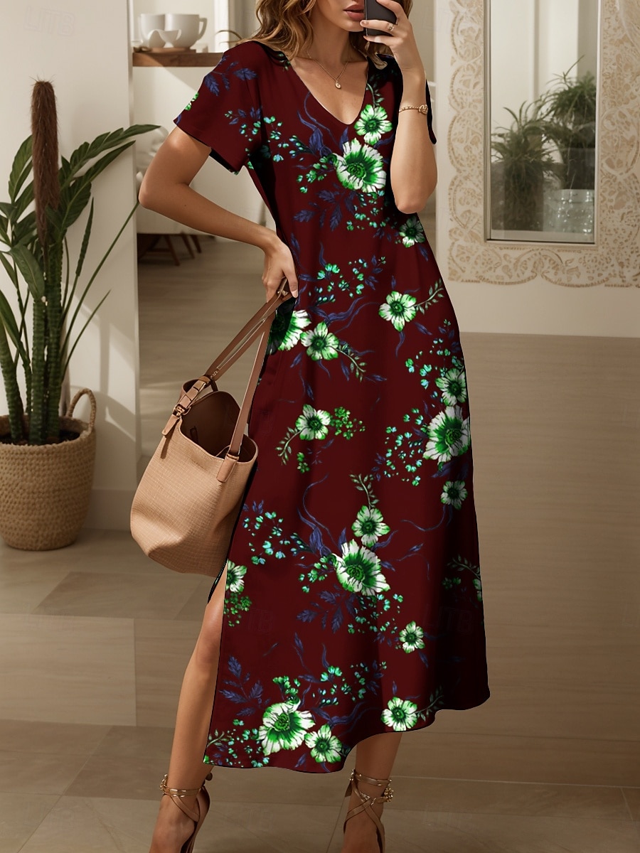 Per donna Abito maxi Abito a Maglia Vestito Casual Vestito Estivo Abito a trapezio Elegante Vacanza Casual Spiaggia Vestibilità regolare Floreale Grafico Manica Corta Scollo a V Marrone scuro Rosso del 2025 a $28.99 –P4
