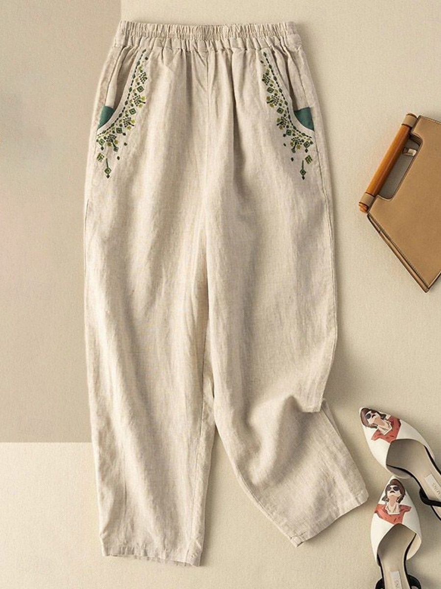 Mujer Pantalones de lino y algodón Chinos Moda Básico Longitud total Alta cintura Floral Bordado Comodidad Al Aire Libre Microelástico Vacaciones Calle Diario Blanco Amarillo Albaricoque Café Verano 2025 - $18.99 –P1
