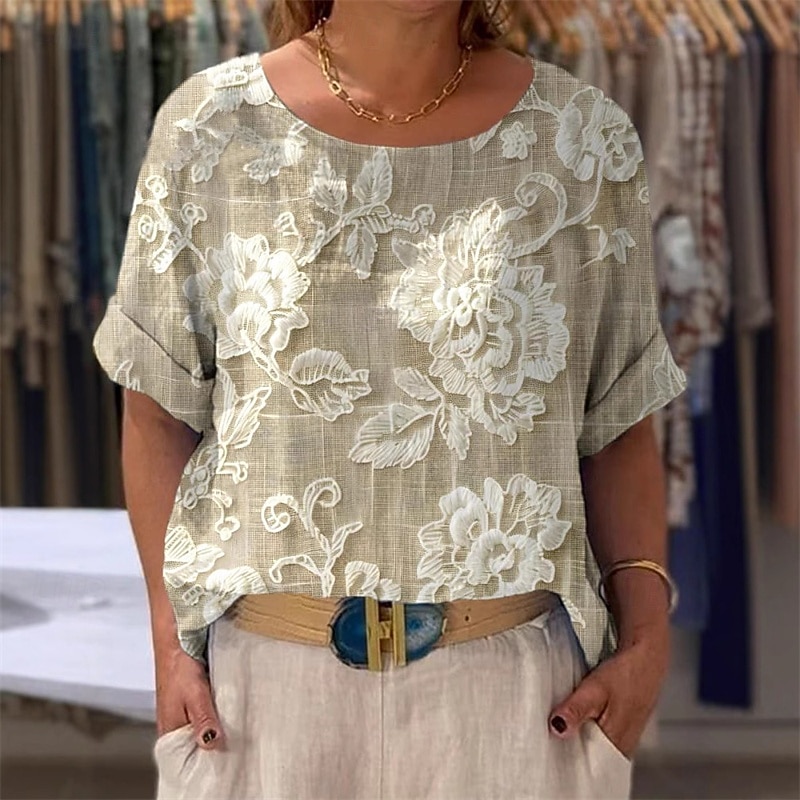 Dames T-shirt Afdrukken Bloemig Modieus Modern 3/4 mouw Strakke ronde hals Normale tops Dagelijks Uitgaan Weekend Khaki Zomer Lente 2026 - $23.99 –P1