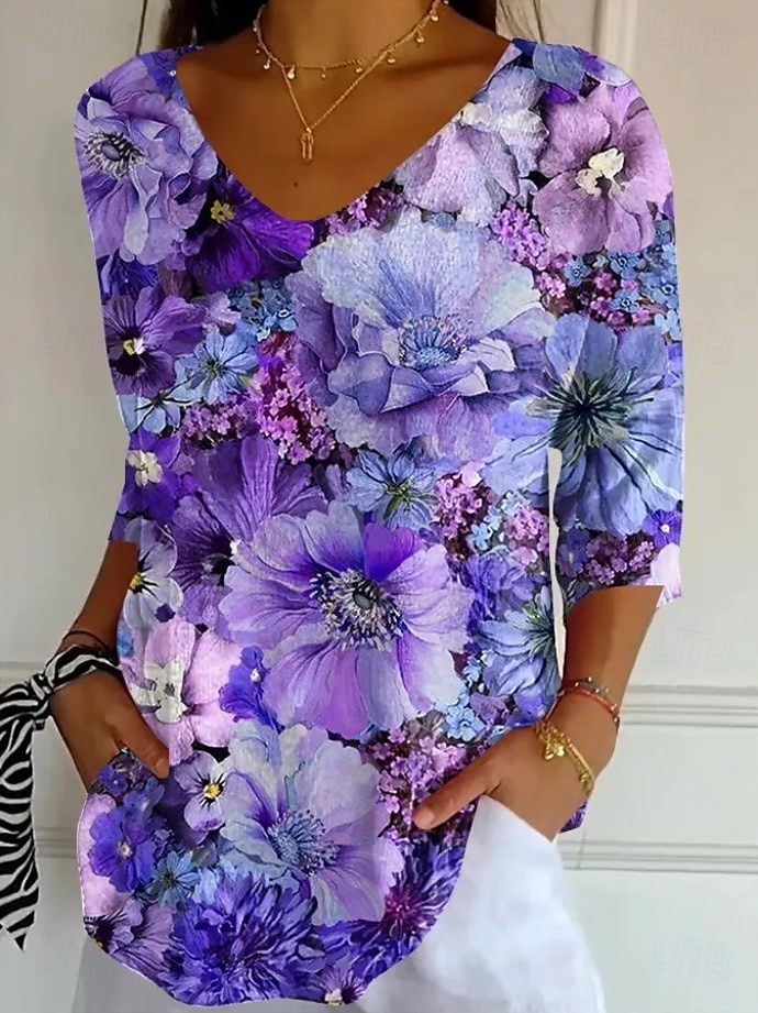 Pentru femei Bluză Floral Grafic Epocă Tropical Stilat Lungime Manșon 3/4 În V Topuri obișnuite Zilnic Negru Mov Deschis Mov Fucsia Vară Primăvară Toamnă 2025 - $25.99 –P1