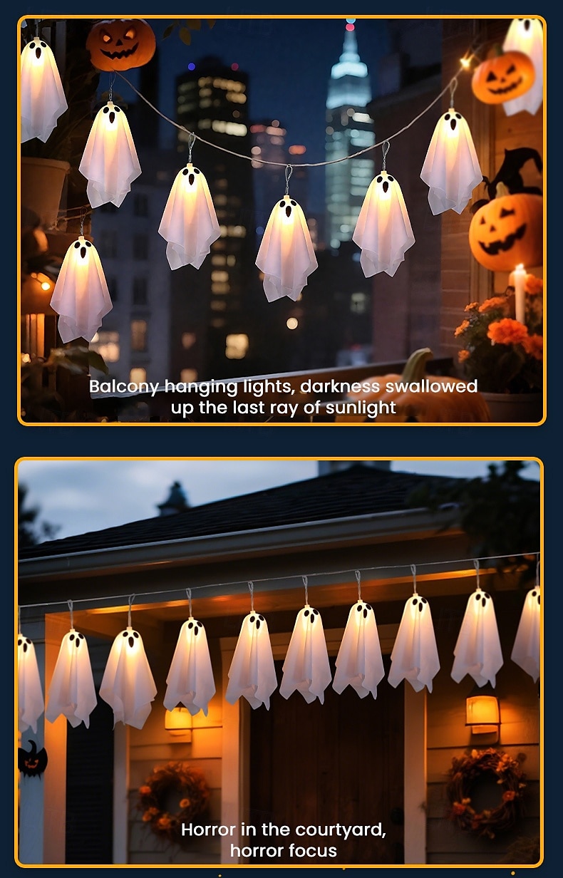 1 Pc Halloween 2.5M 10 luminous hanging ghost ghost light string AAA waterproof battery box 8 function remote control indoor and outdoor courtyard party Halloween atmosphere decoration light 2025 - $20.99 –P14