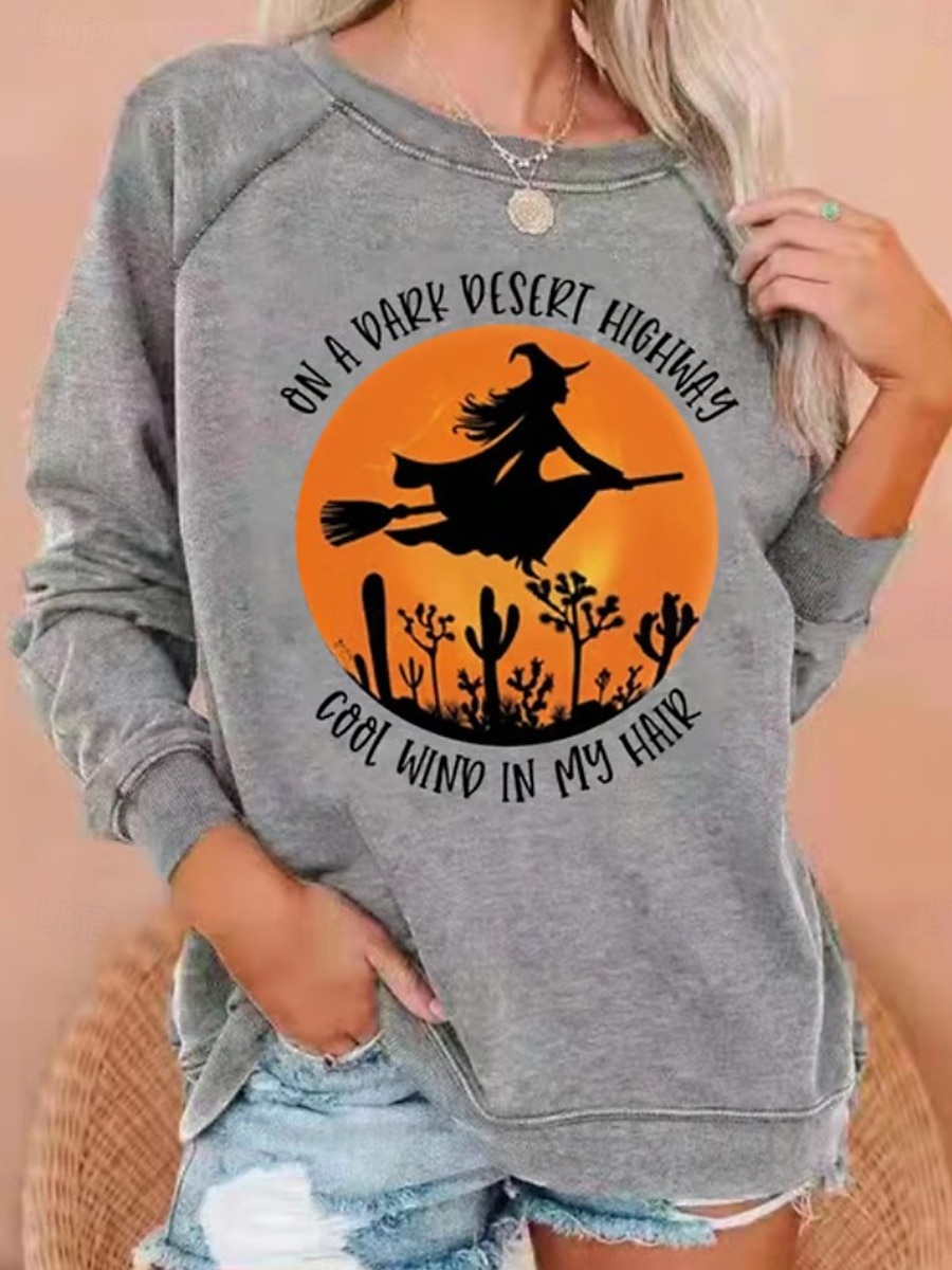 Dame Genser med genser Grafisk Halloween Mote Fritid Langermet Crew-hals Rund hals Vanlige topper Avslappet Trykt mønster Hvit Lysegrønn Vin Blå Lysegrå Høst Vinter 2025 - $24.99 –P7