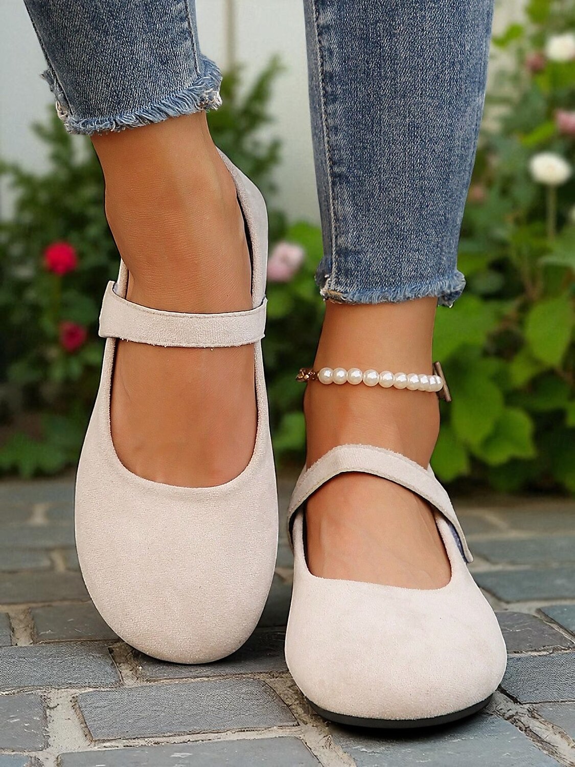 Beige Mary-Jane-Ballerinas mit weiter Spitze für Damen – bequeme Schuhe aus weichem Wildlederimitat für Freizeitausflüge, Spaziergänge im Garten und den Alltag 2025 - $19.99 –P5