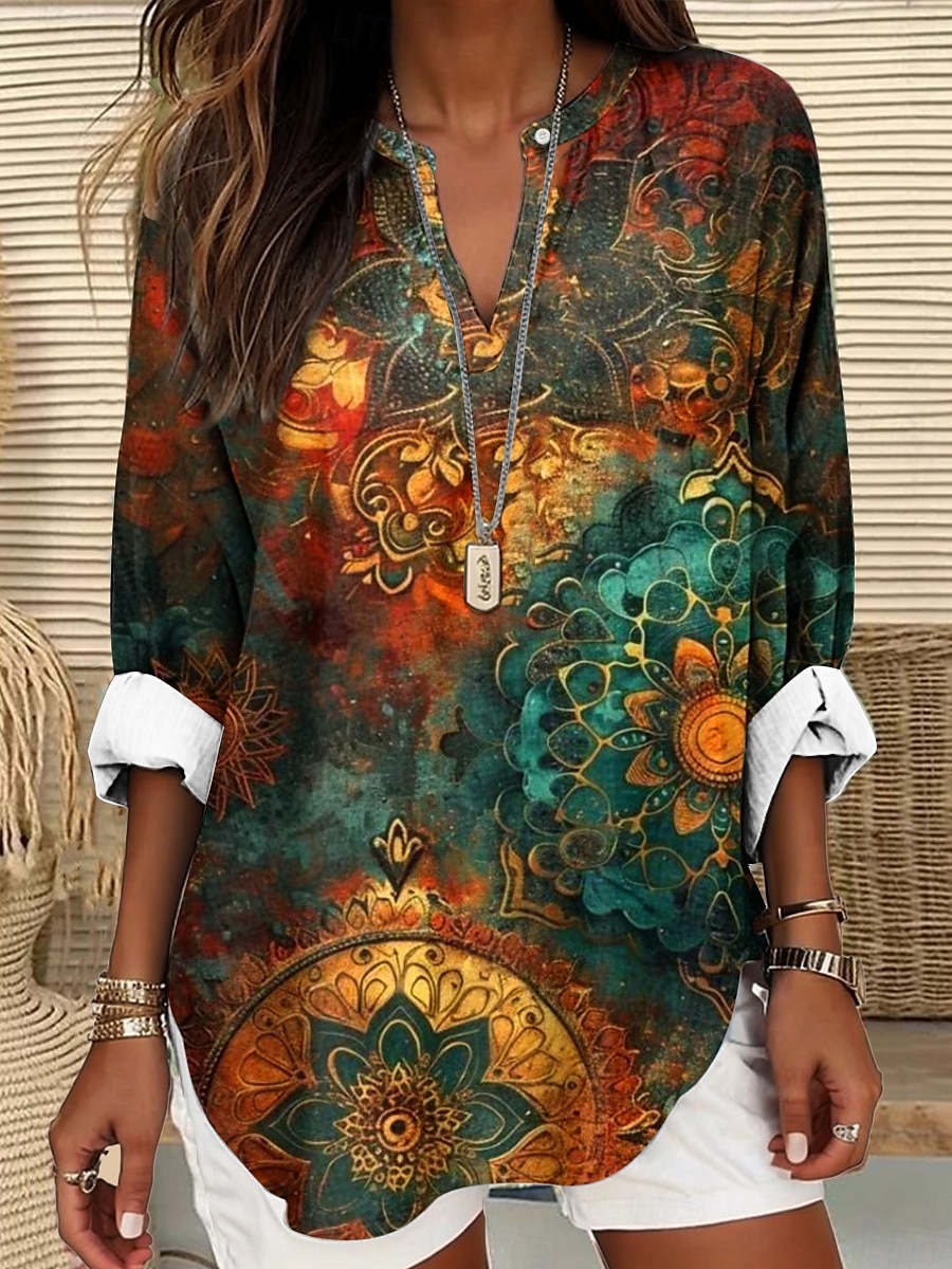 Dame Bluse Blomstret Grafisk Blad Elegant Stilfull Langermet V-hals Vanlige topper Daglig Ferie Trykt mønster Blå Dusty Blue Lys Lilla Lilla Oransje Sommer Vår 2025 - $24.99 –P4