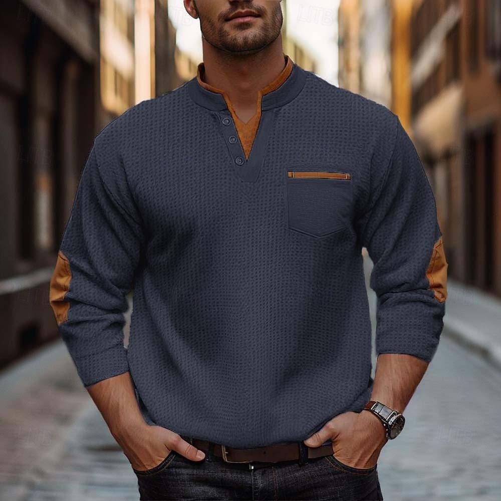 Herre Vaffel T-skjorte Vaffel Henley-skjorte Herreskjorter med albuelapper Langermet V-hals Henley Vinter Vår & Vinter Helfarge Mote Grunnleggende Moderne falske to stykker Avslappet Gate Sport Svart 2026 - $26.99 –P3