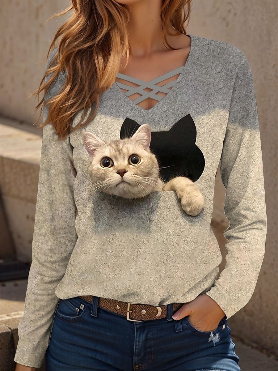 2025年 女性用 Tシャツ グラフィック 動物 猫 ヴィンテージ スタイリッシュ クラシック 長袖 Ｖネック レギュラートップス 日常 切り抜き プリント ブルー パープル グリーン カーキ色 春 秋  コレクション – $22.99 –P1
