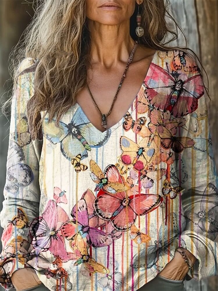 Per donna Blusa Stampato Floreale Quotidiano Elegante Manica Lunga Scollo a V Top Regolari Quotidiano Ferie Blu Nero Bianco Blu marino Blu Reale Estate Primavera Autunno del 2026 a $23.99 –P5