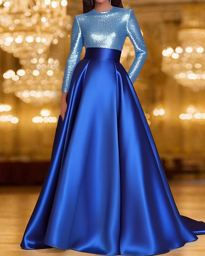 Fekete és Fehér A-vonal Estélyi Ruhák Elegáns Ruha Formális Esküvő Térd alatti Hosszú Ujjú Környakú Zsebes Satin Flitteres Zsebbel 2025 - $137.99 –P6