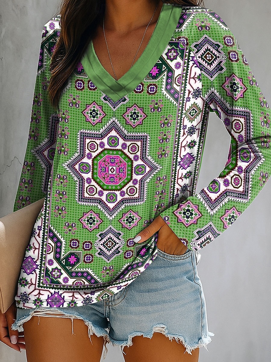 Femmes T-shirt Graphique Géométrique Paisley Élégant ancien Classique manche longue Col en V Hauts Réguliers Quotidien Sortir Week-end Imprimé Bleu Violet Vert Été Printemps Automne de 2025 ? $22.99 –P2