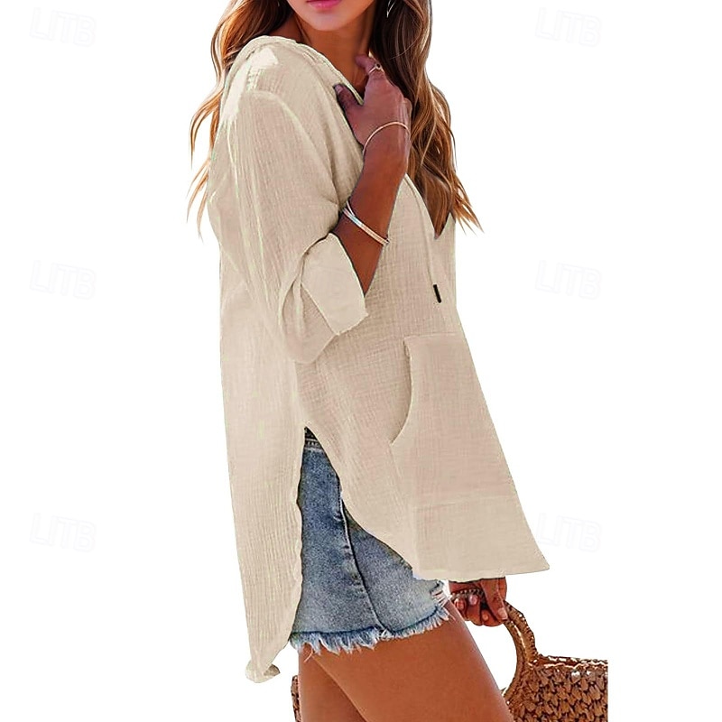 Pentru femei Cămașă Bluză Simplu Modern Casual Manșon Lung În V Topuri obișnuite Zilnic Concediu Buzunar Blush Pink Negru Alb Bleumarin Albastru celest Toamnă 2025 - $21.99 –P6