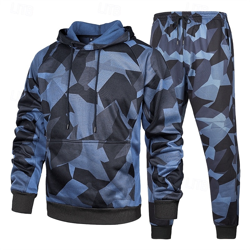 Voor heren Trainingspak Kledingset Truien instellen Capuchon Buiten Dagelijks Sport Zak Trekkoord camouflage blauw Khaki Leger Groen Grafische afdruk Polyester Sportkleding Modieus Streetwear Herfst 2025 - $44.99 –P4