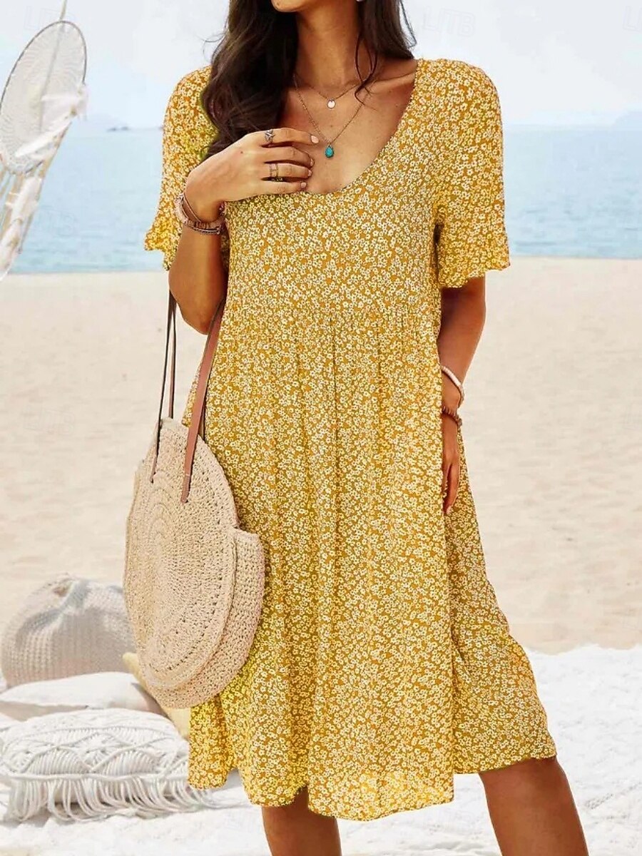 Femmes Mini Robe Robe ajustée et évasée Occasionnel Extérieur Sortir Coupe régulière Fleuri Manche Courte Col Rond Bleu Ciel Jaune Rouge Bleu de minuit Été Printemps de 2025 ? $23.99 –P7